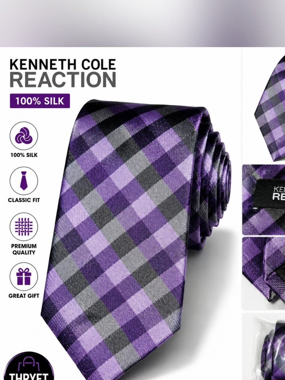 Kenneth Cole Reaction Purple and Black Plaid Silk Tie